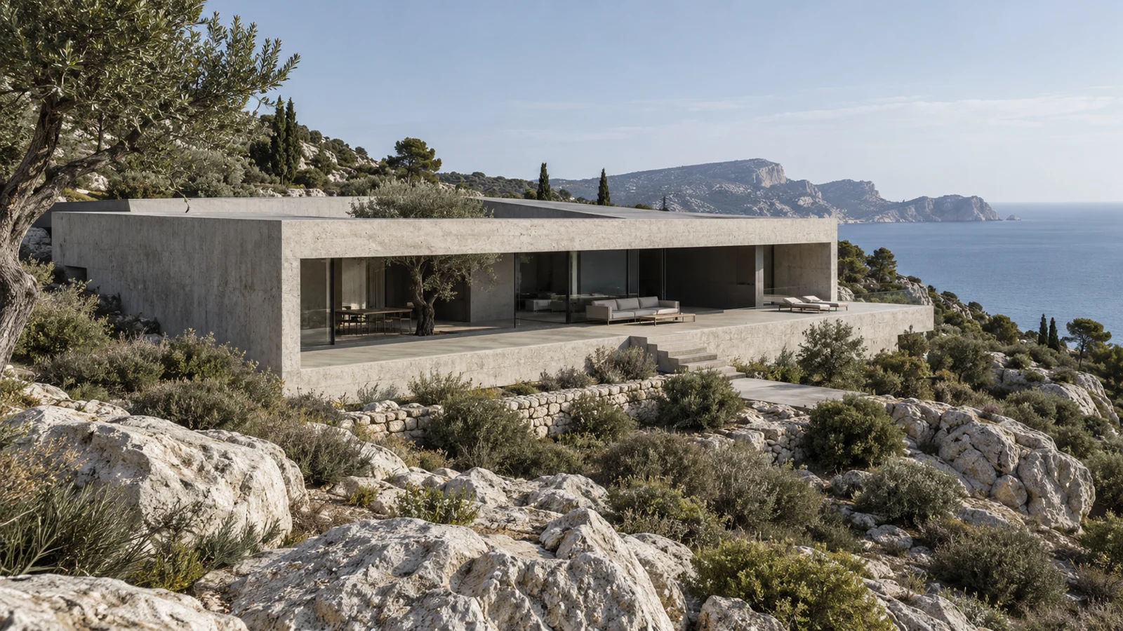 Villa Cassis, volume de béton dans le paysage méditerranéen — visuel de démonstration