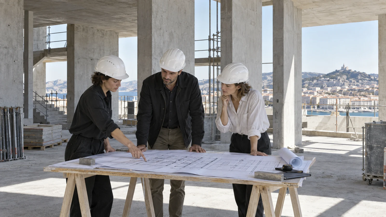 L'équipe d'Atelier Monolithe étudie un plan sur chantier — visuel de démonstration